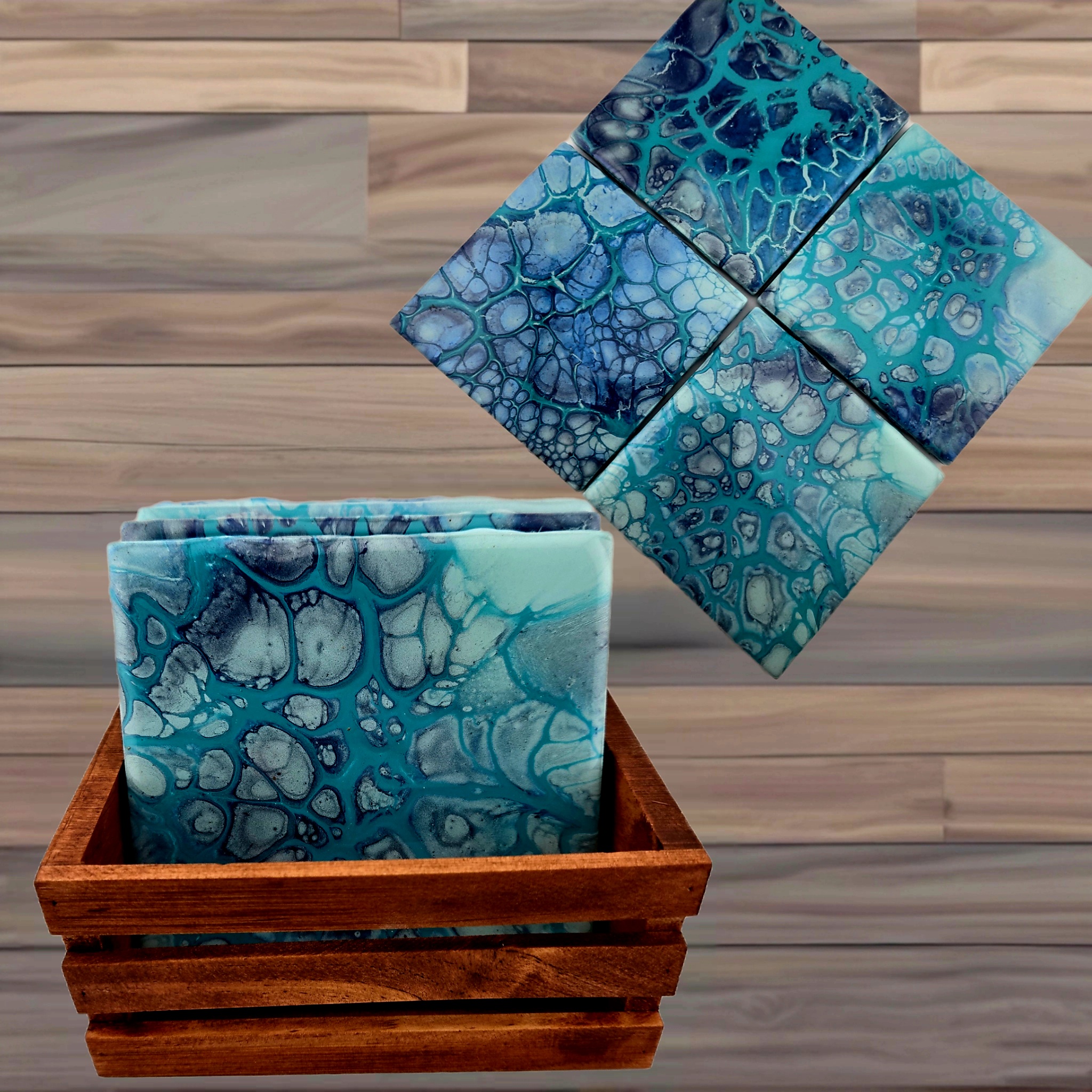 Square Teal Blue Coasters w/Wooden Caddy - Set of 4 - Handmade-B