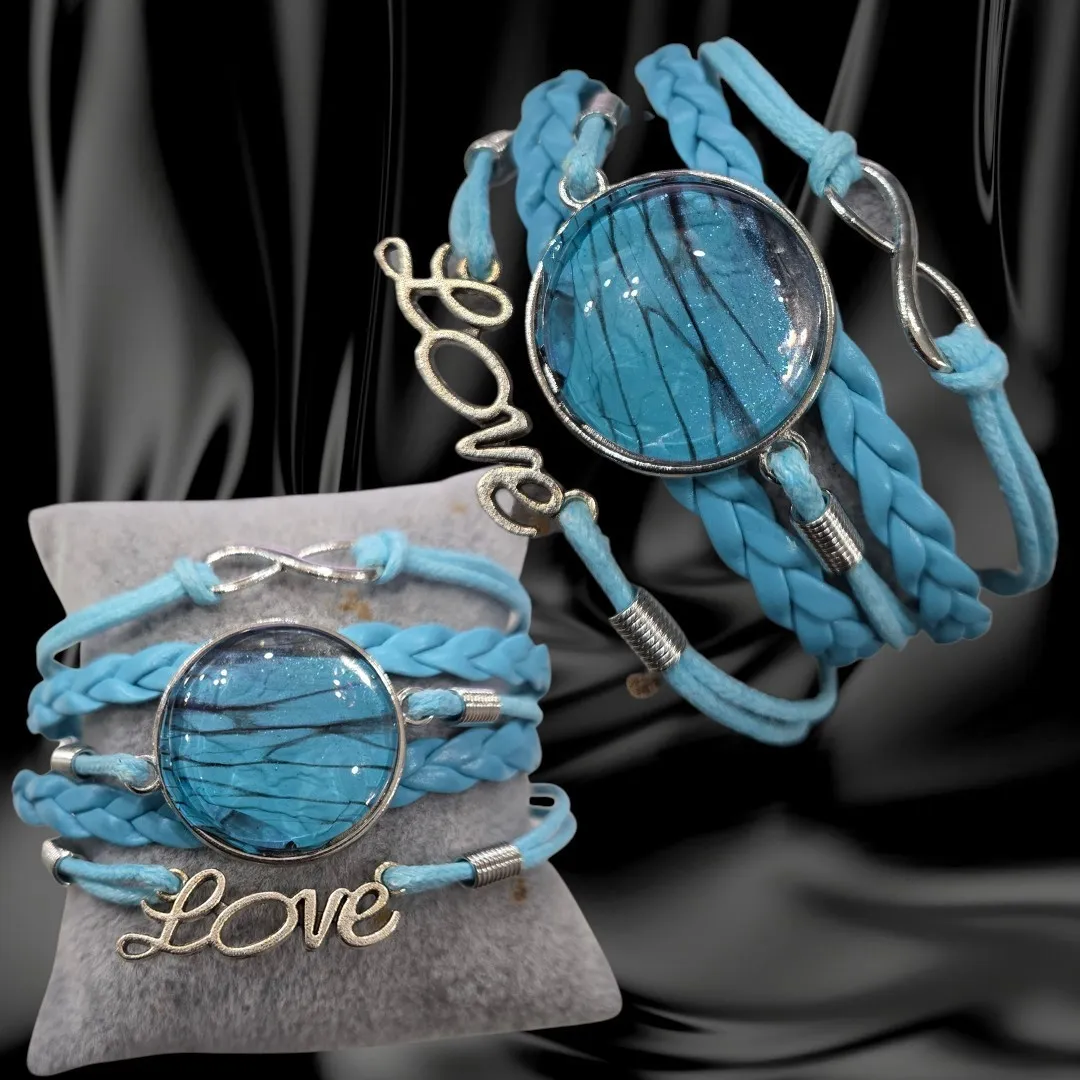 Adjustable Multi-Band Blue Leather "Love" Bracelet - Handmade
