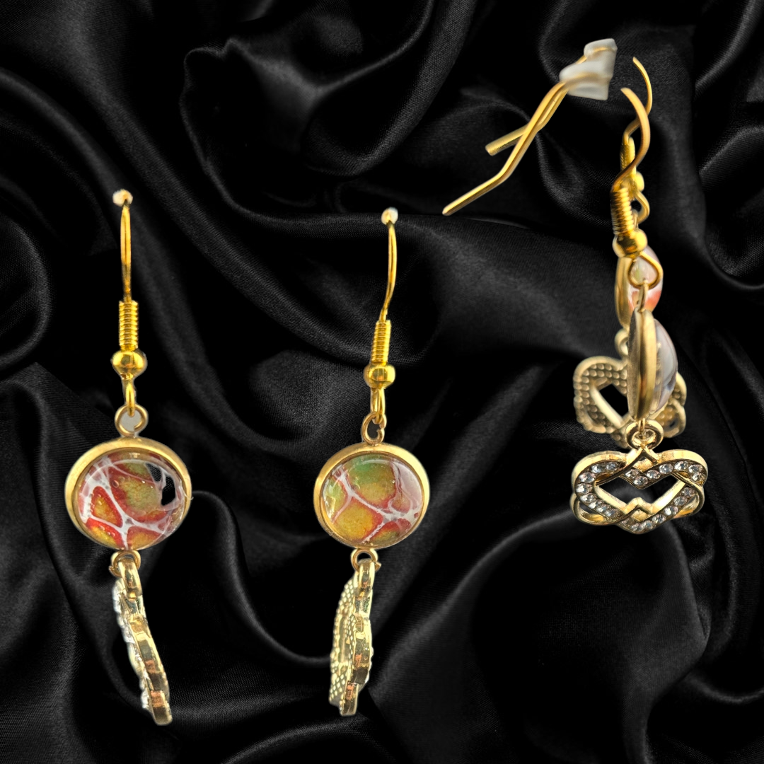 Gold Double Drop Earrings – 12mm Fluid Art & Diamond Heart