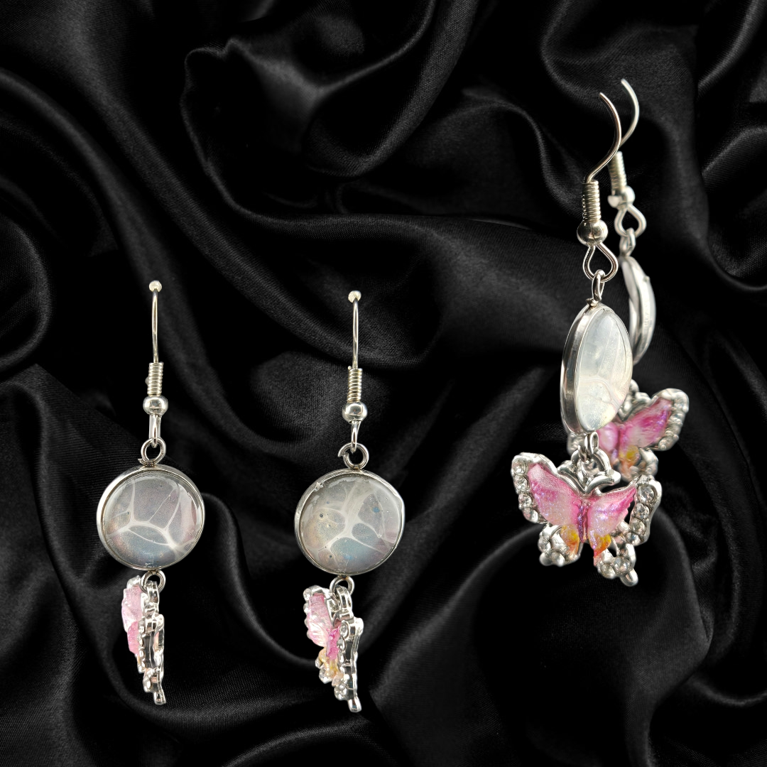 12mm Abstract Glass & Butterfly Charm Earrings-B