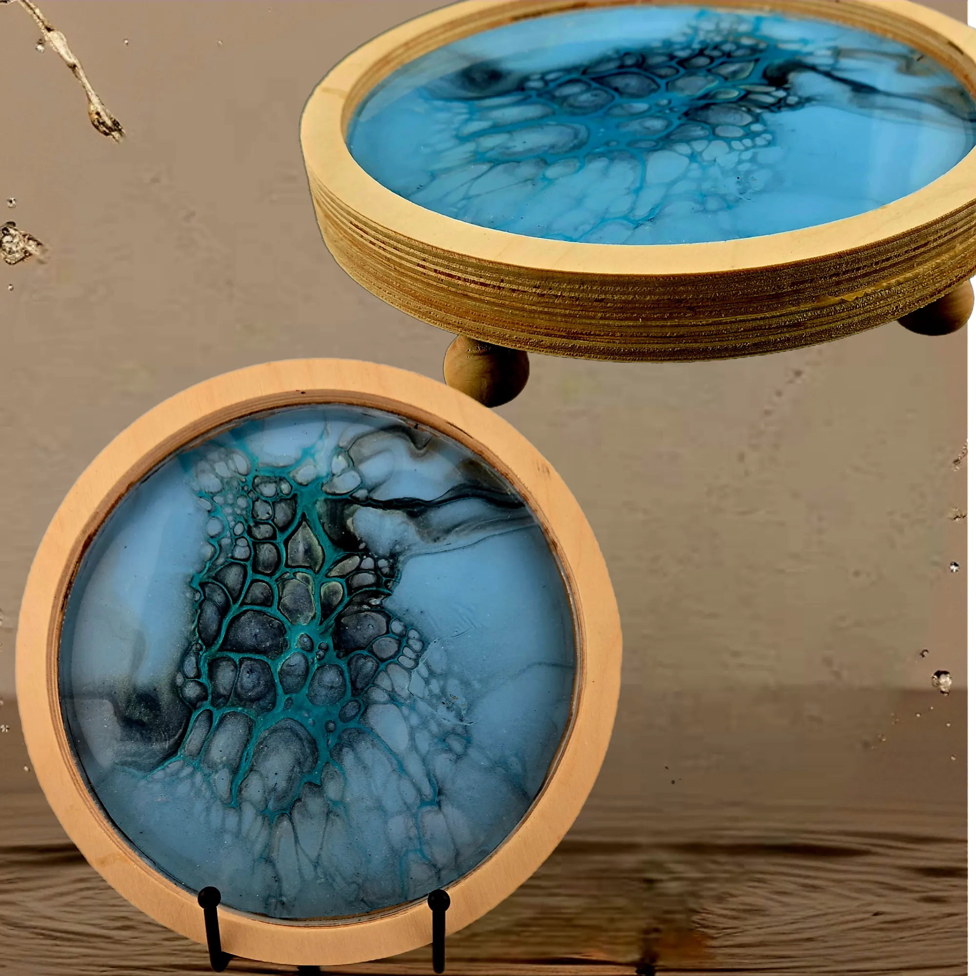 Round Tray with a Light Blue and Teal Blue Cell Design - Handmade