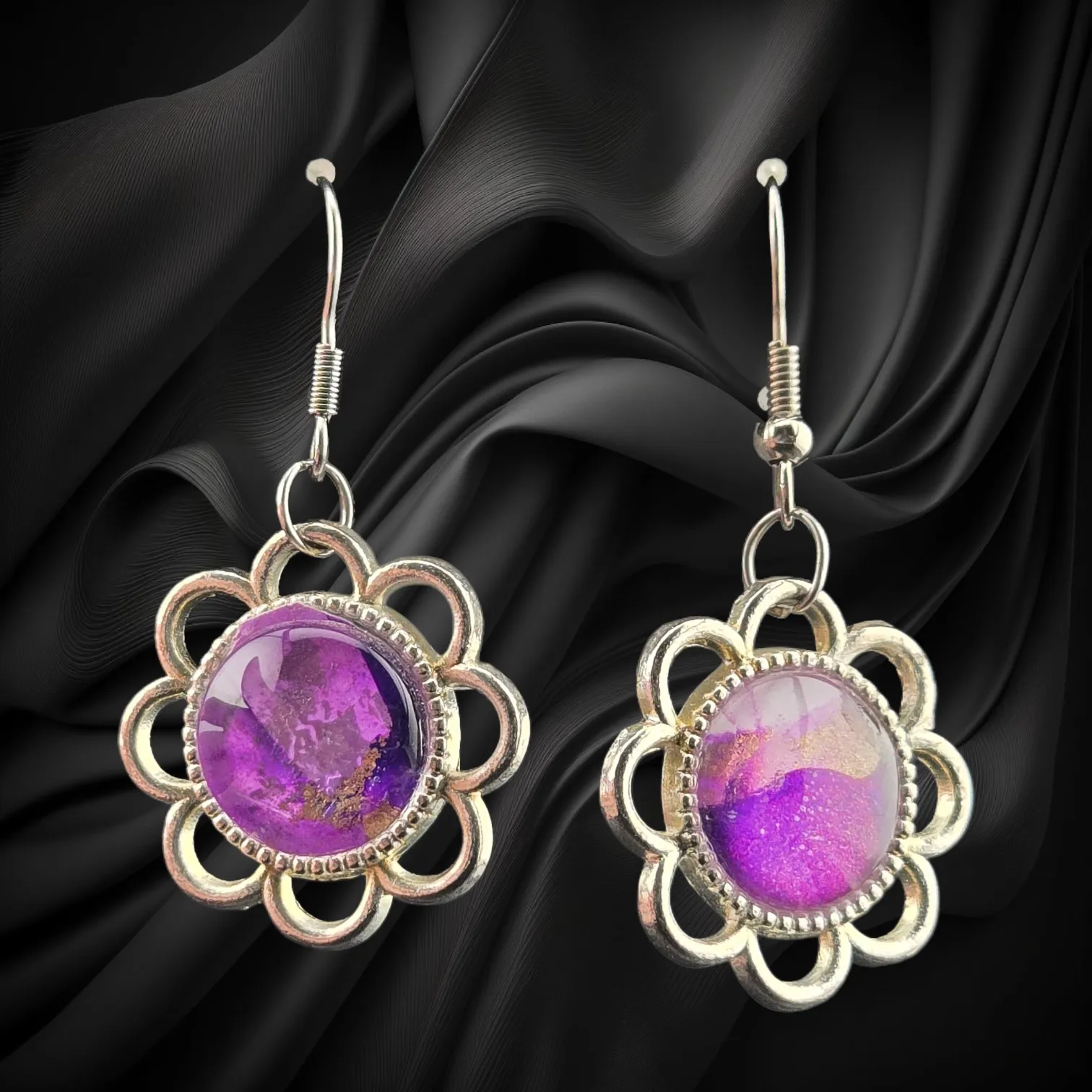 Purple Shimmer Flower Dangle Earrings