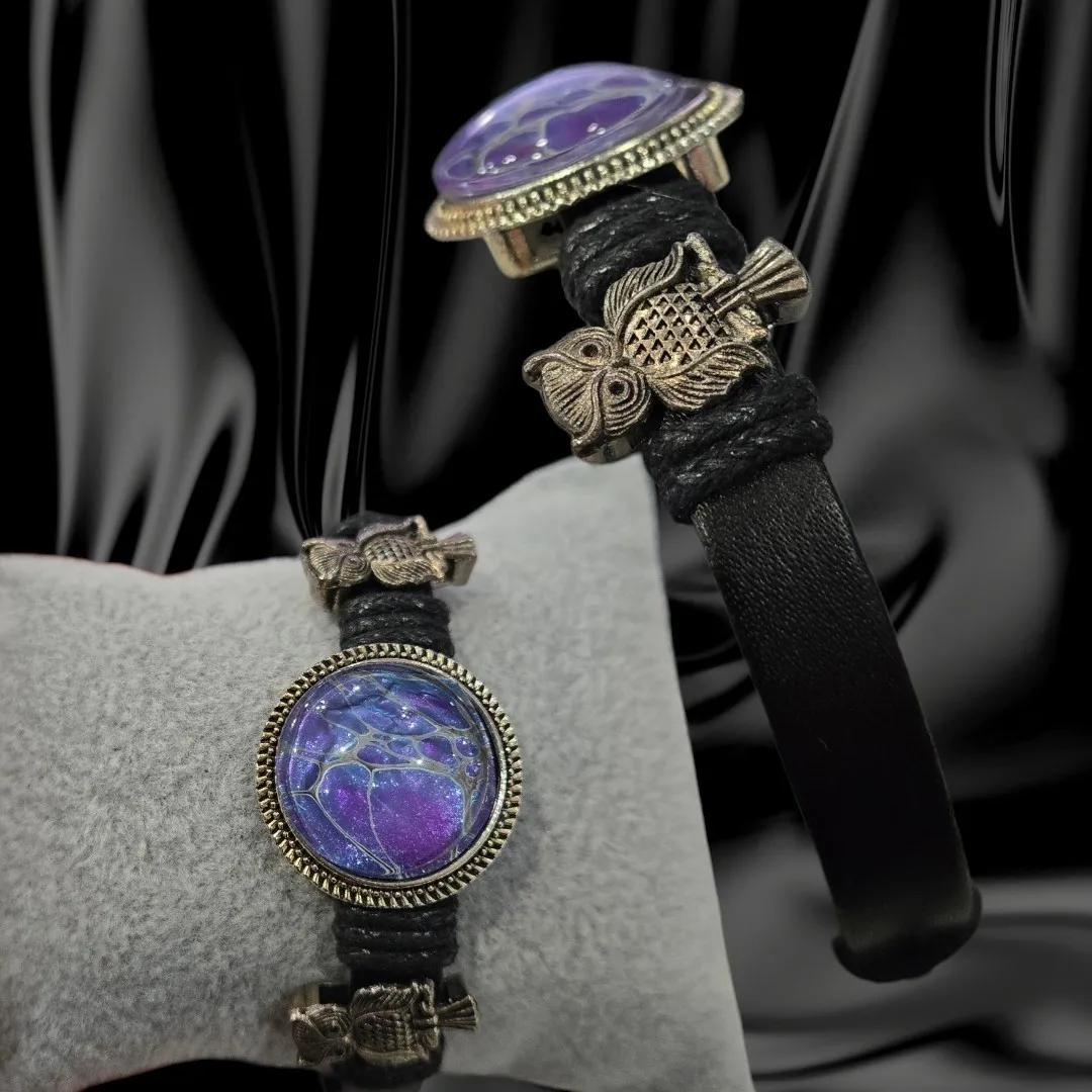 Adjustable Black Leather Bracelet Purple and Blue Design - Owl - Handmade
