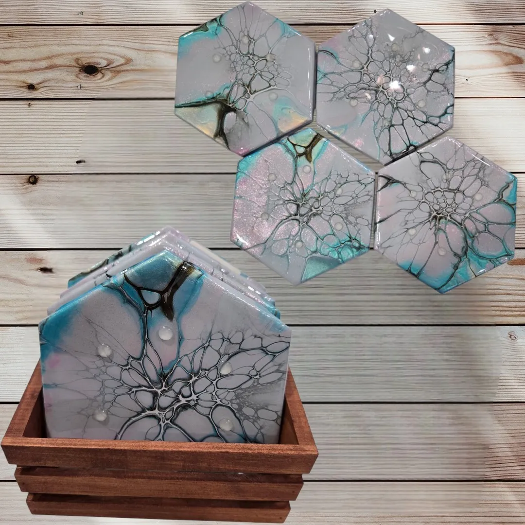 Hexagon Gray Blue Coasters w/Wooden Caddy - Set of 4 - Handmade
