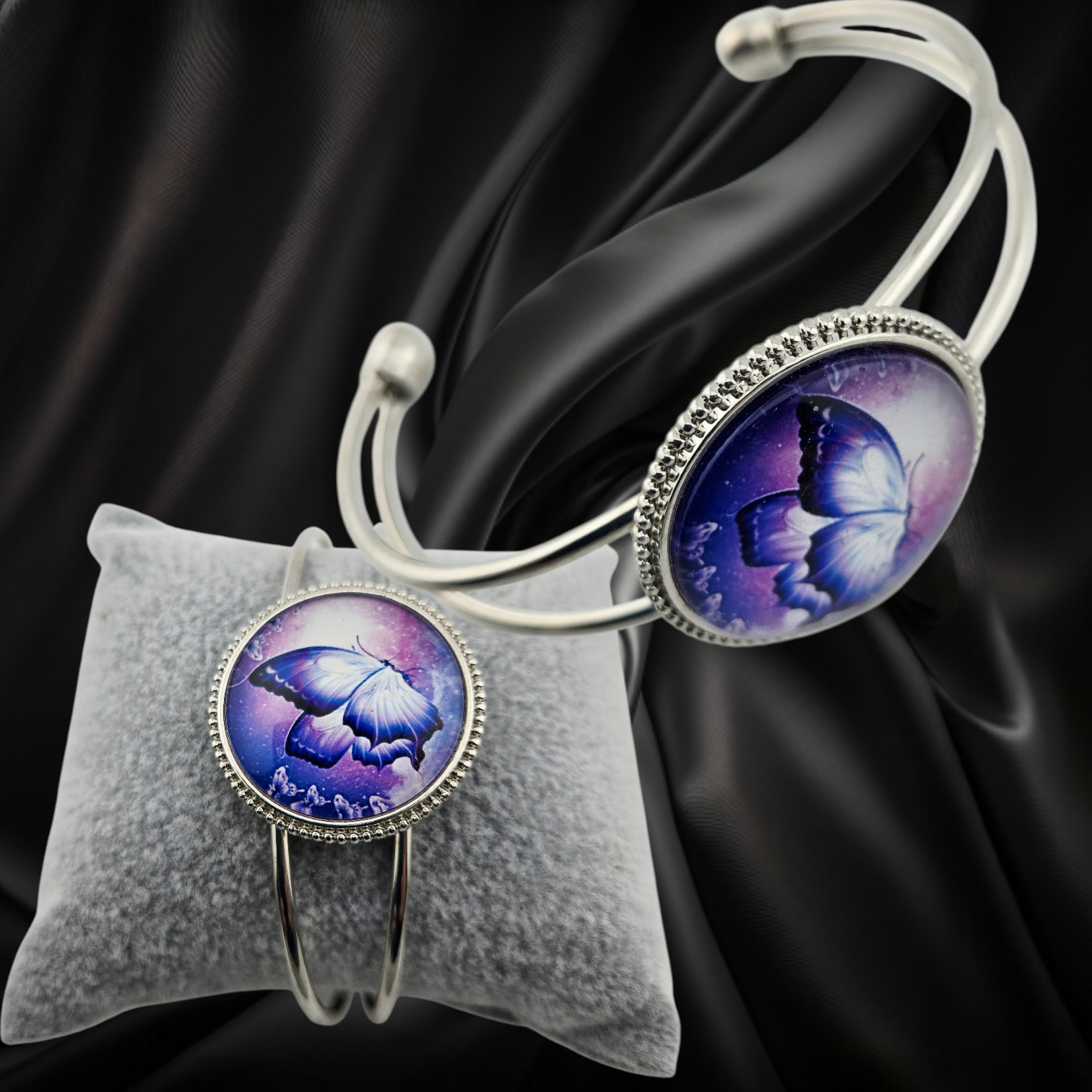 Silvery Cuff Purple Butterfly - Handmade