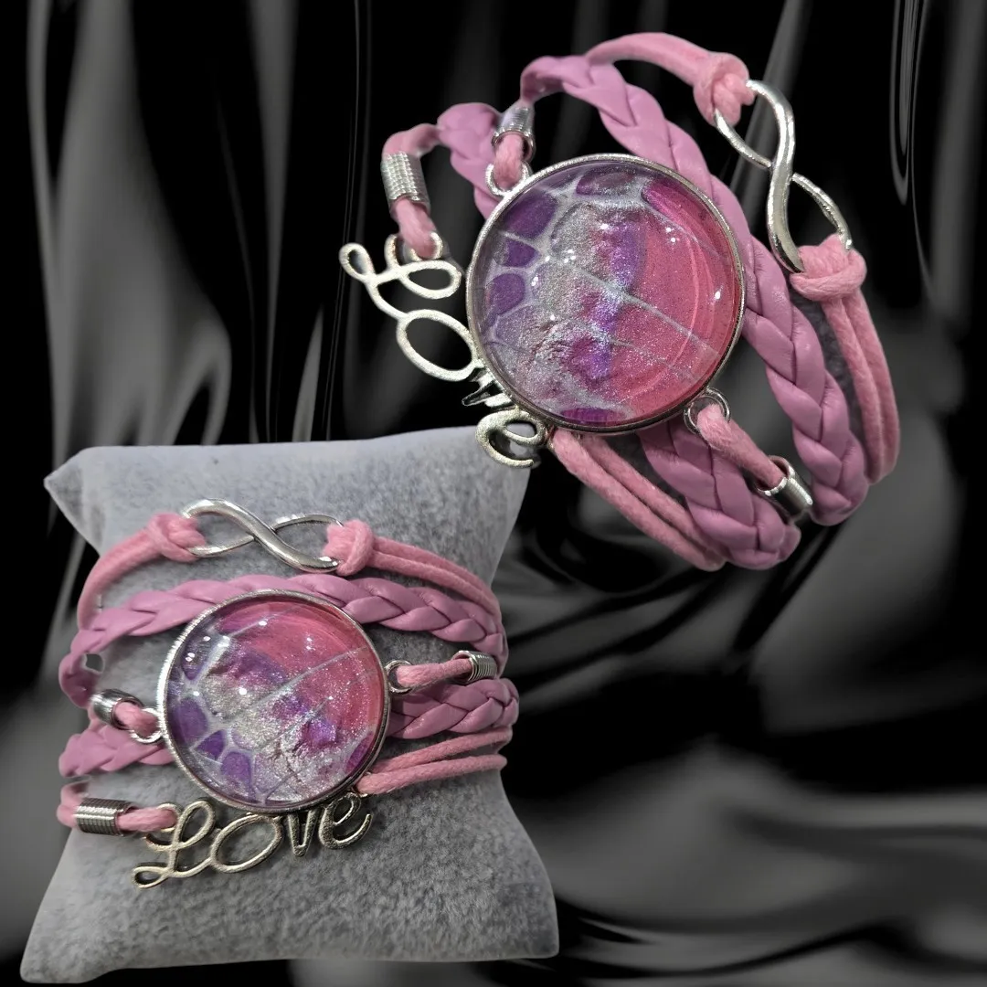 Adjustable Multi-Band Pink Leather "Love" Bracelet - Handmade