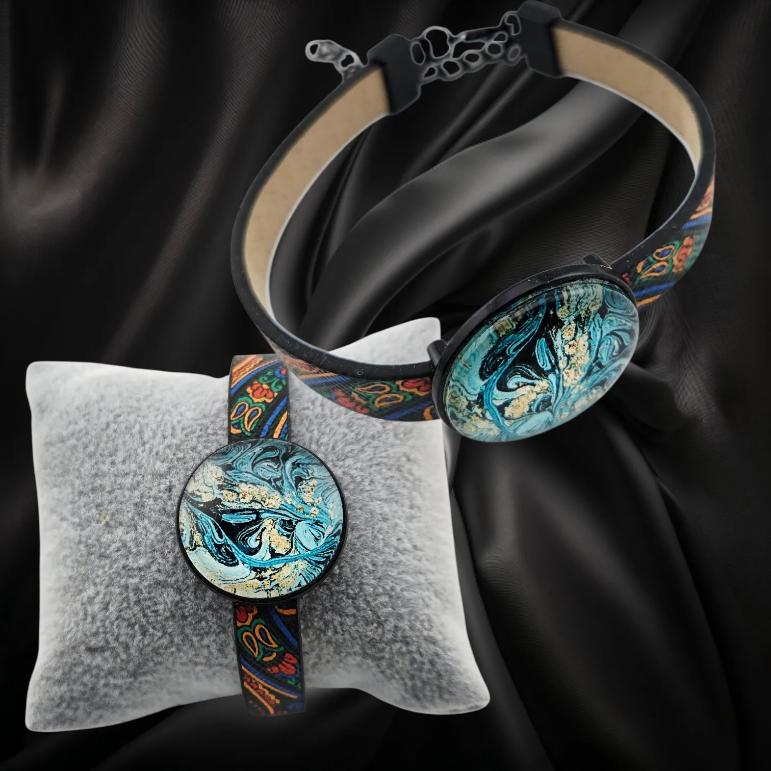 Adjustable Leather Bracelet Blue Copper - Handmade