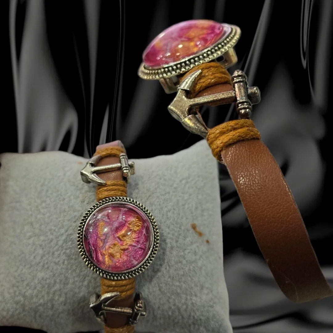 Adjustable Tan Leather Bracelet Pink and Gold Design - Anchor - Handmade