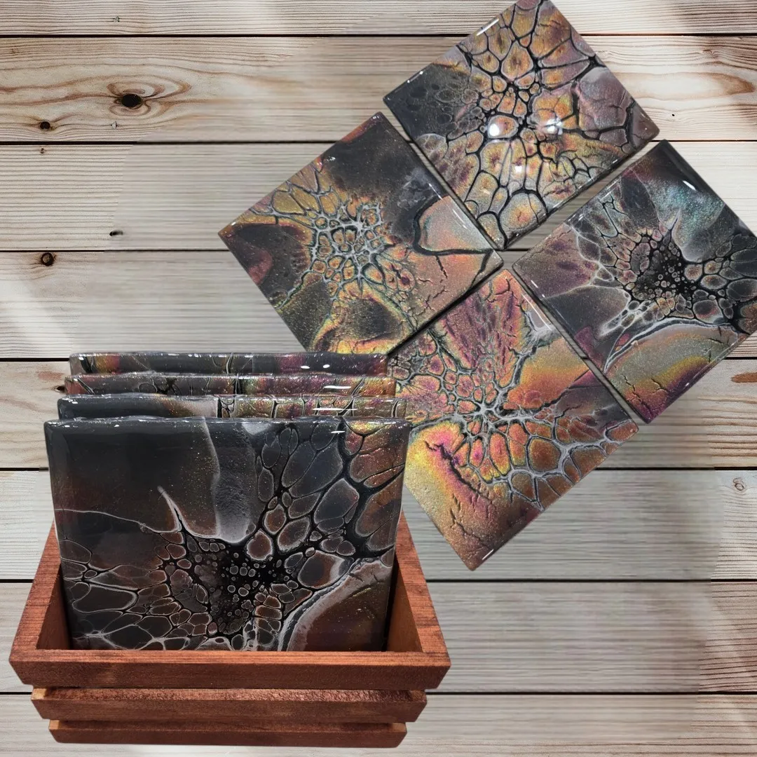 Square Dragon Scale Coasters w/Wooden Caddy - Set of 4 - Handmade A