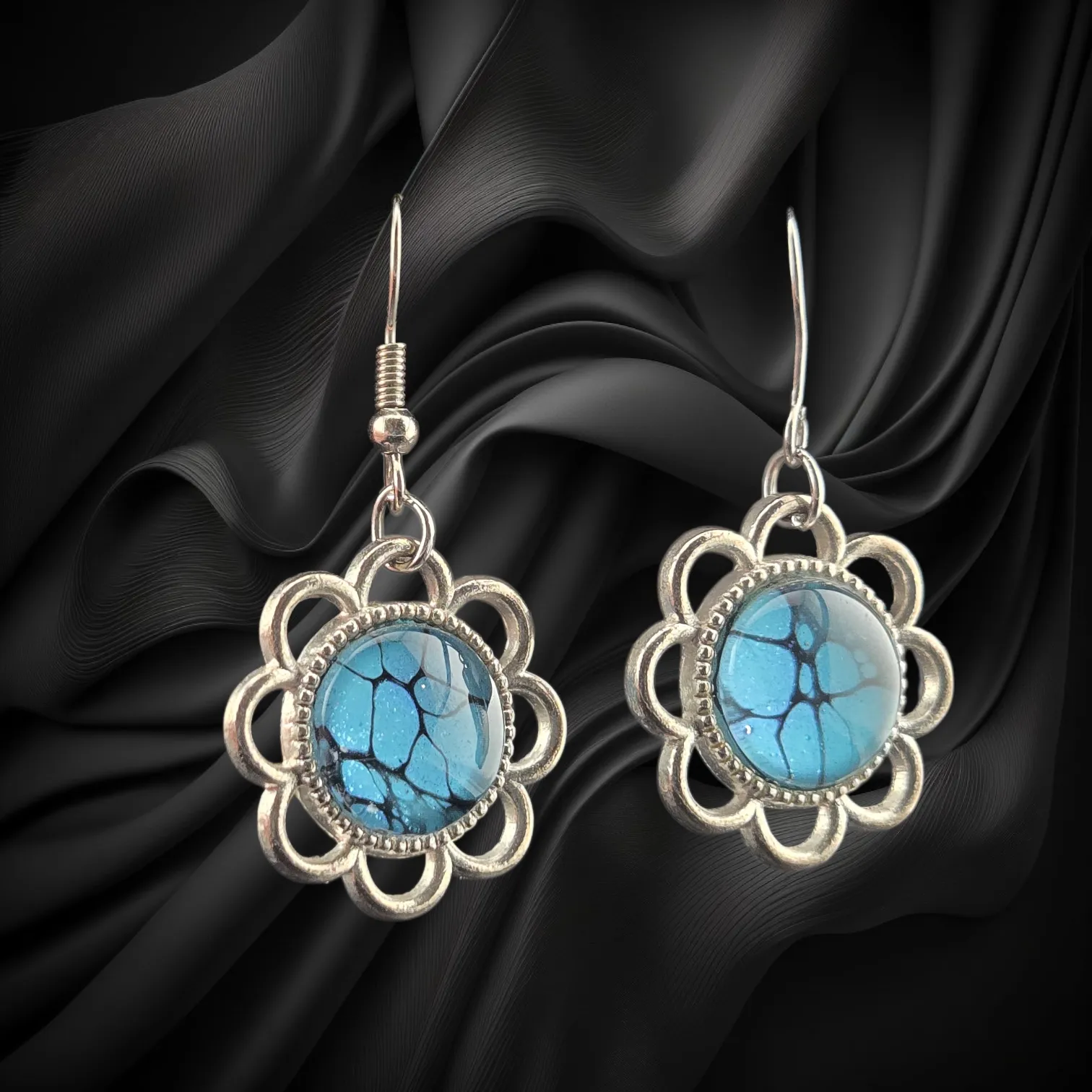 Blue Mosaic Flower Dangle Earrings