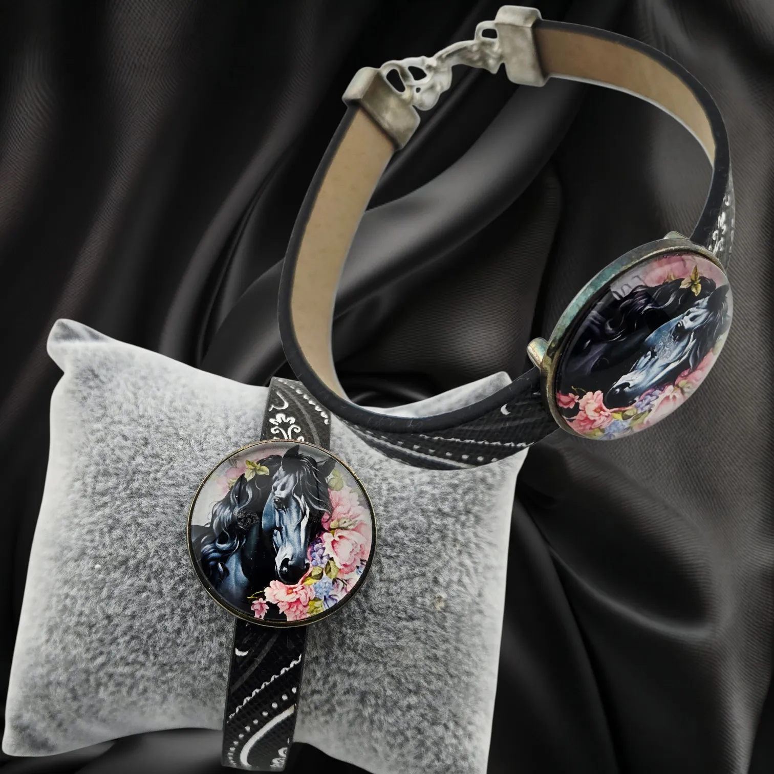 Adjustable Leather Bracelet Black Horse Pink Flowers - Handmade