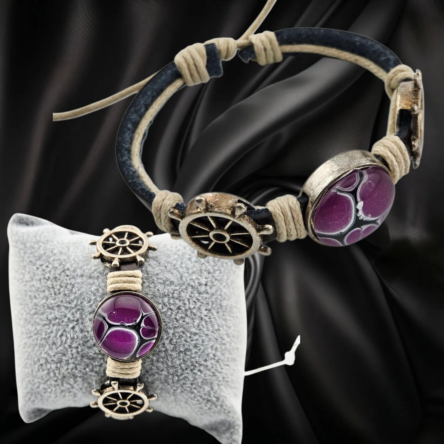 Adjustable Leather Bracelet Purple Black Design - Ship Wheel - Handmade