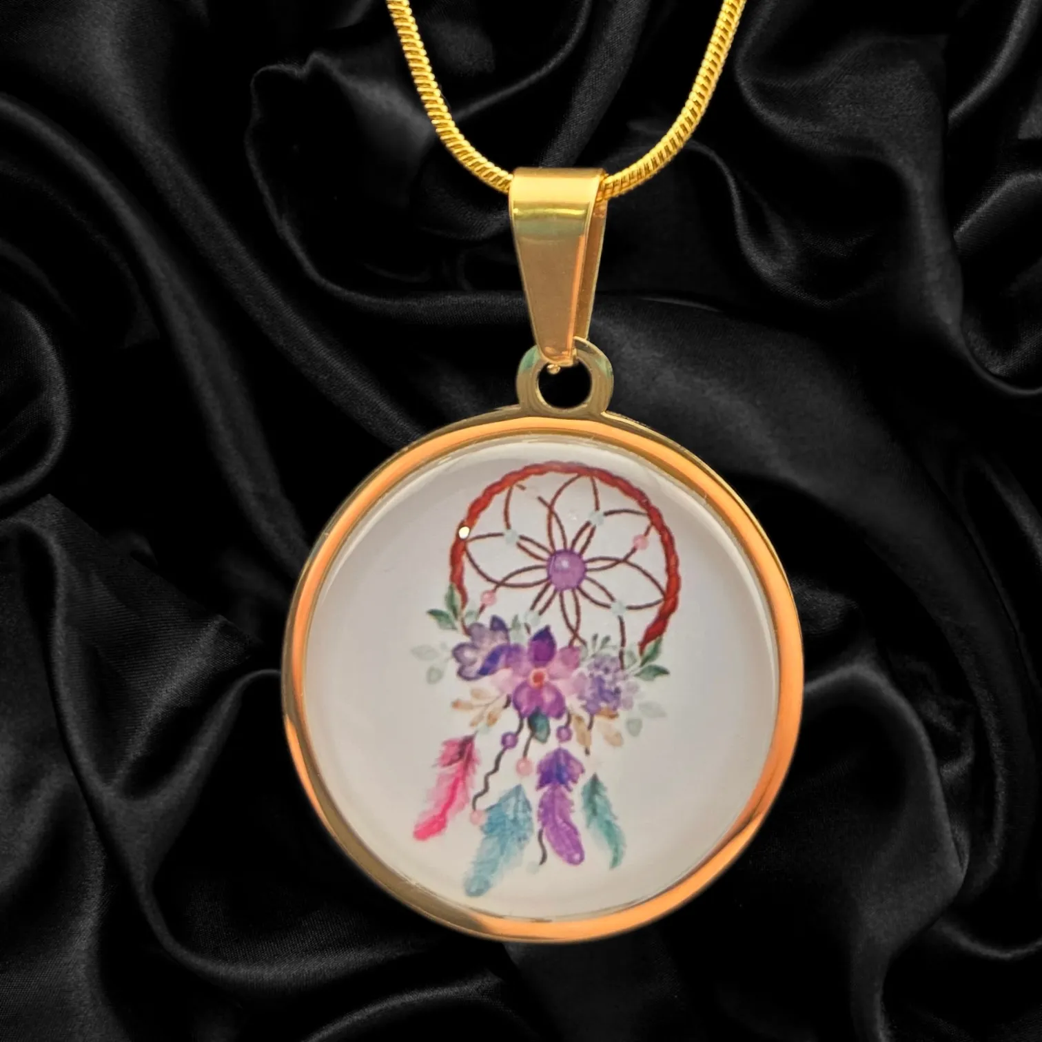 Dreamcatcher Floral Round Necklace – Gold Tone