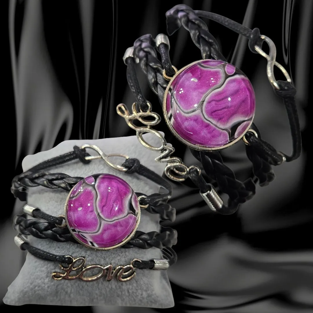 Adjustable Multi-Band Purple/Black Leather "Love" Bracelet - Handmade