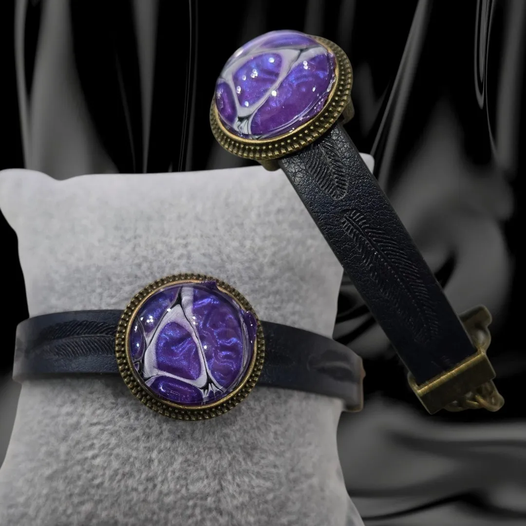 Adjustable Leather Bracelet Black Leather with Purple Inlay - Handmade