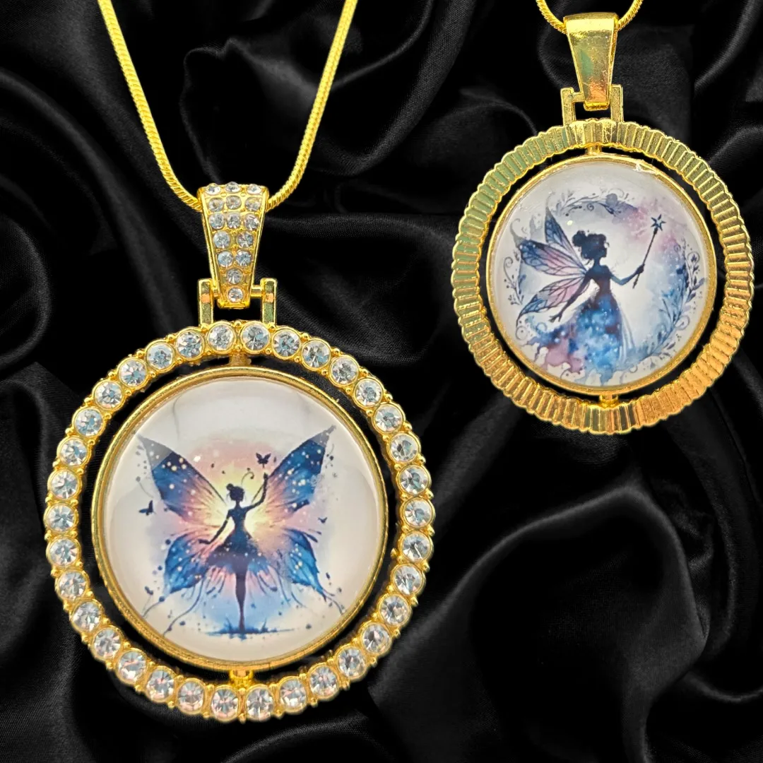 Fairy Silhouette -Double-Sided Rotating Pendant Necklace-Gold Tone