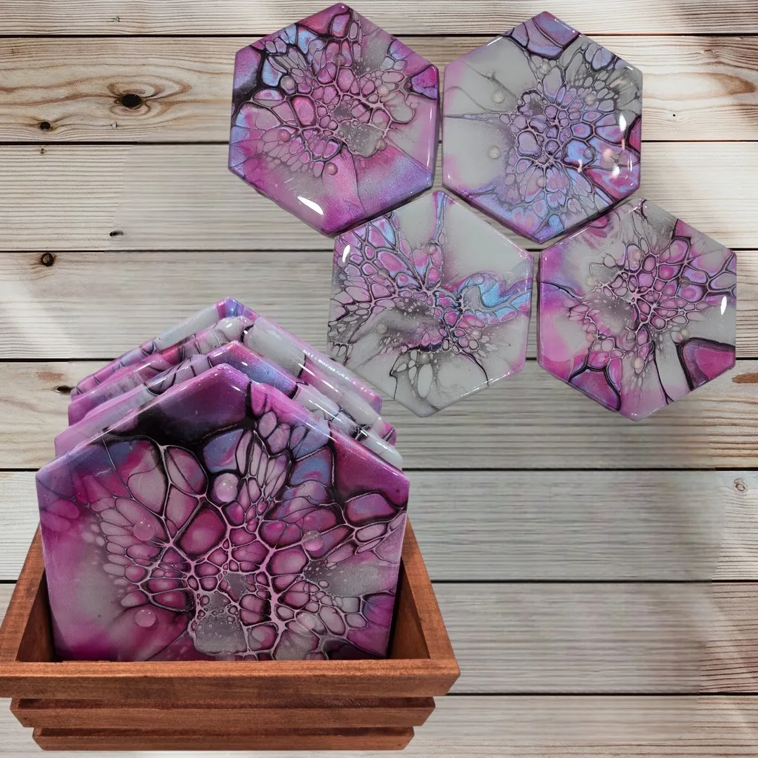 Hexagon Purple Blue Coasters w/Wooden Caddy - Set of 4 - Handmade