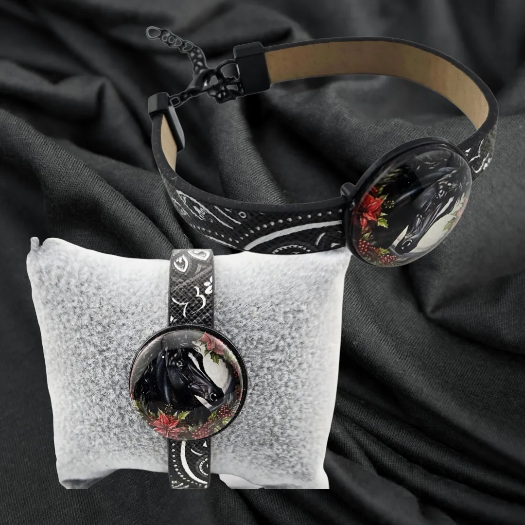 Adjustable Leather Bracelet Black Horse Red Flowers - Handmade