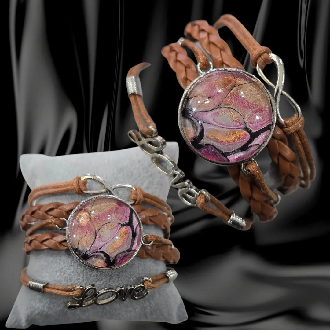 Adjustable Multi-Band Tan Leather "Love" Bracelet - Handmade