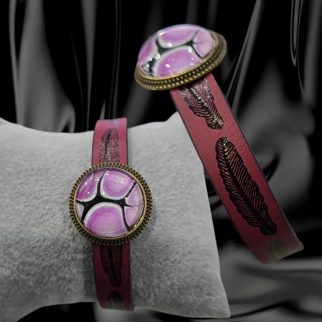 Adjustable Leather Bracelet Red/Pink Leather with Light Purple Inlay - Handmade