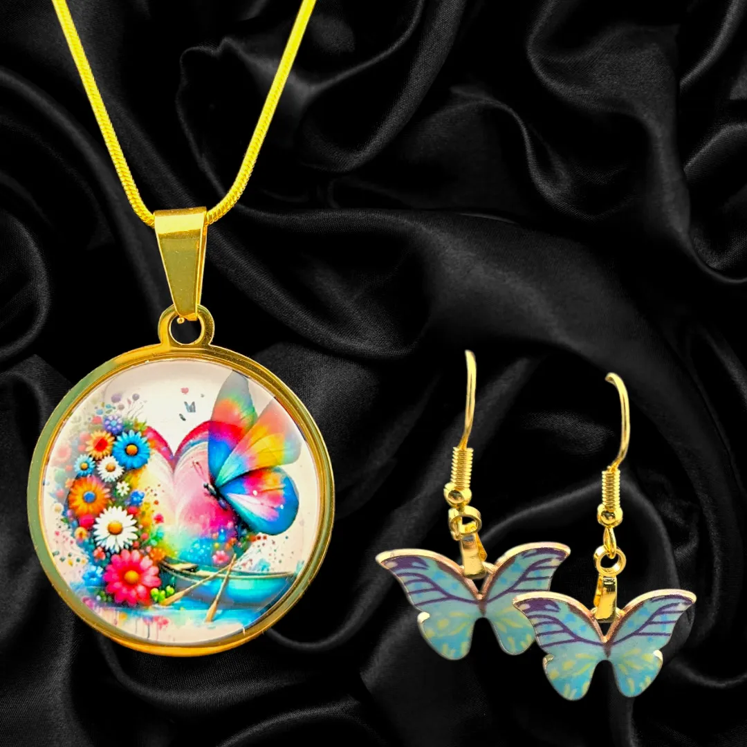 Gold Round Butterfly Necklace & Earring Set – Purple (1)