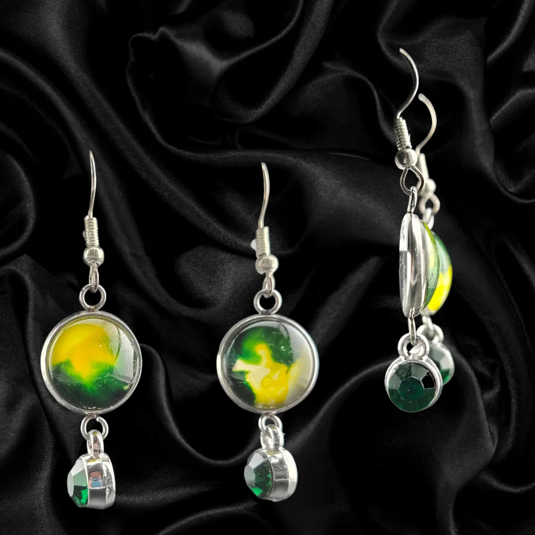12mm Abstract Glass & Green Stone Dangle Earrings