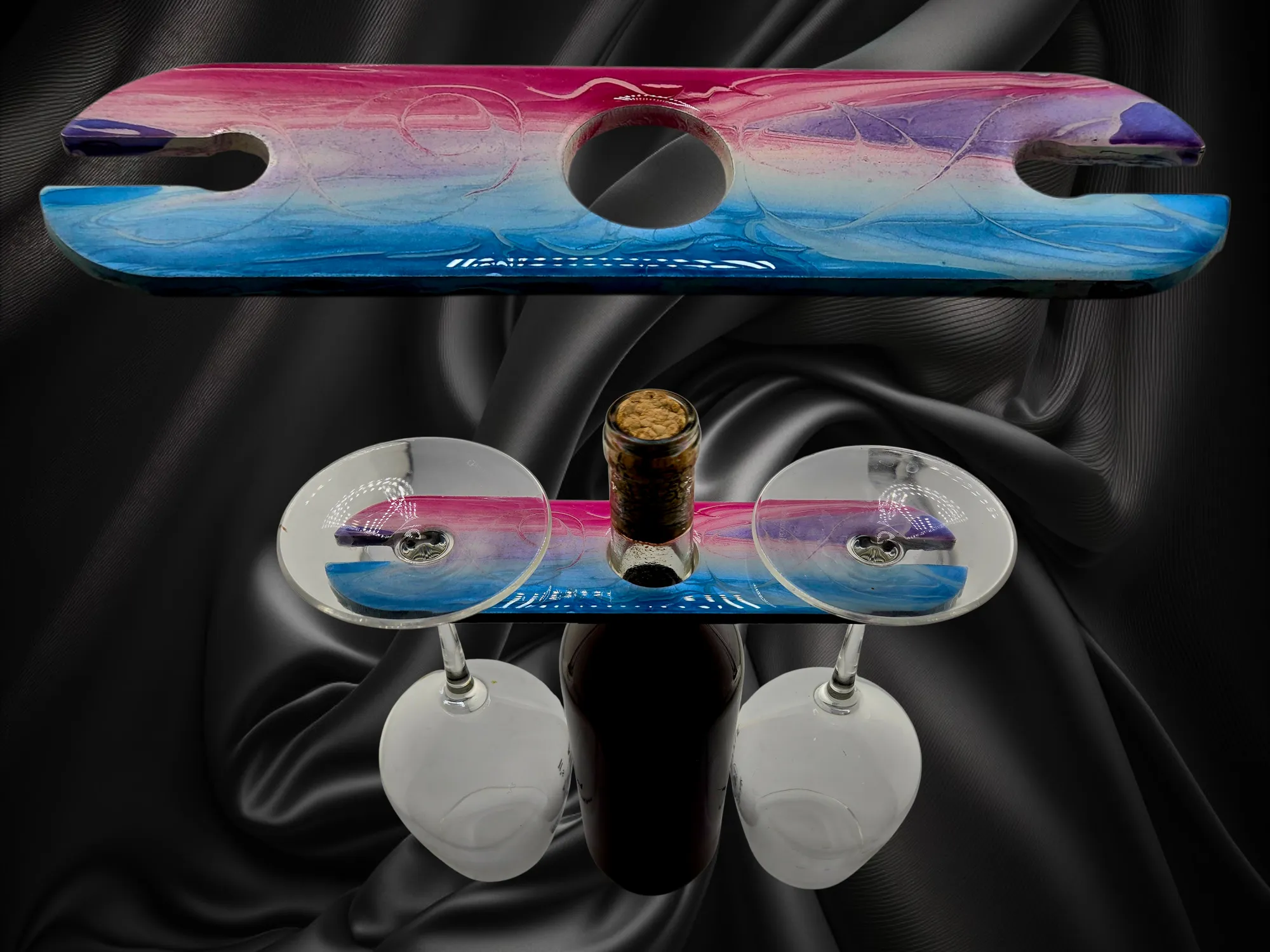 Wine Caddy in a bright pink, purple, and blue palette - for 1 bottle of wine and 2 glasses - Handmade
