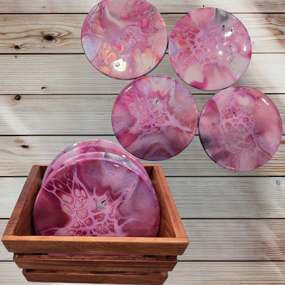 Round Pink Coasters w/Wooden Caddy - Set of 4 - Handmade - B