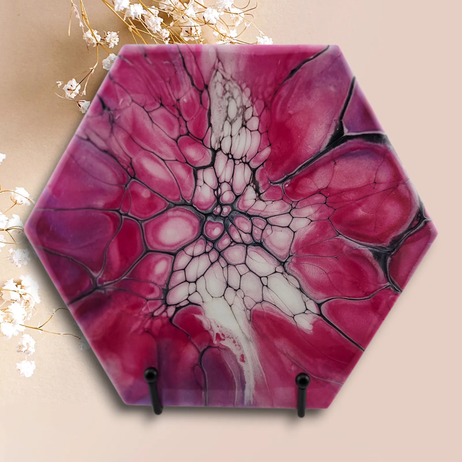 Hexagonal Rich Pink and White Trivet - Handmade