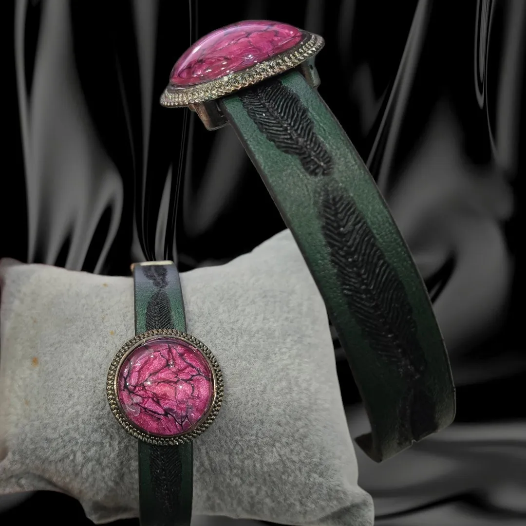 Adjustable Leather Bracelet Green Leather with Pink Inlay - Handmade