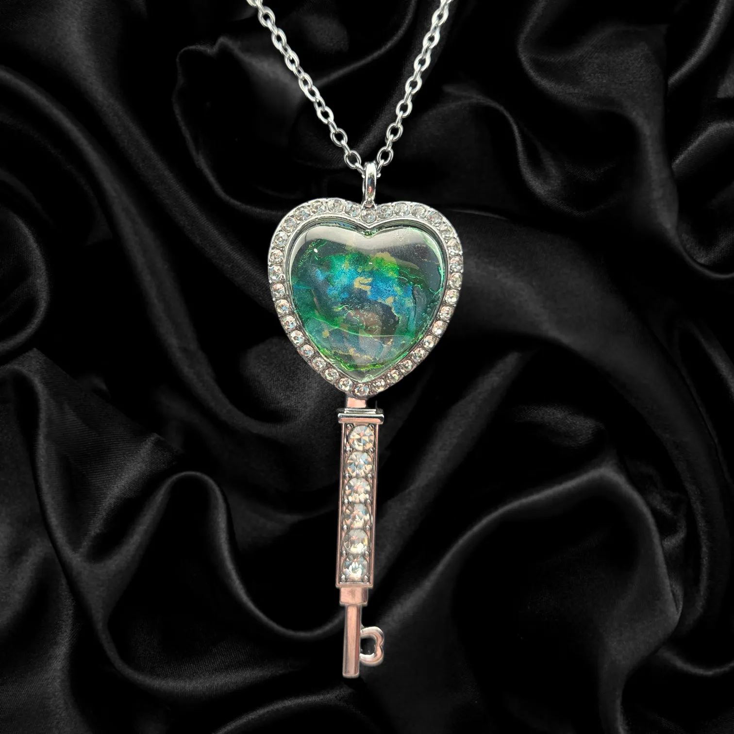 Silver Heart Key Necklace – Green Teal Abstract