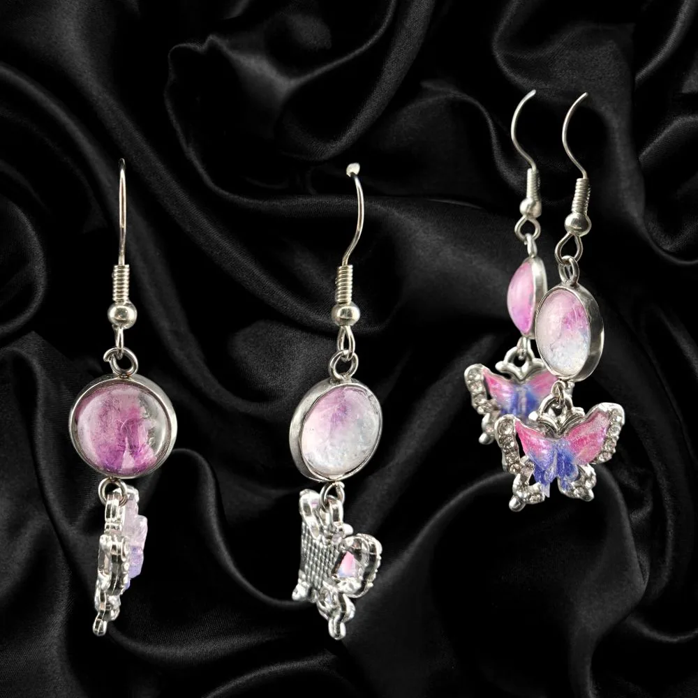 12mm Abstract Glass & Butterfly Charm Earrings handmade fluid art by Fuzzy Trio Design in Phoenix, AZ
