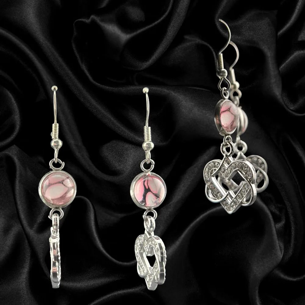 12mm Abstract Glass & Diamond Heart Dangle Earrings-B handmade fluid art by Fuzzy Trio Design in Phoenix, AZ