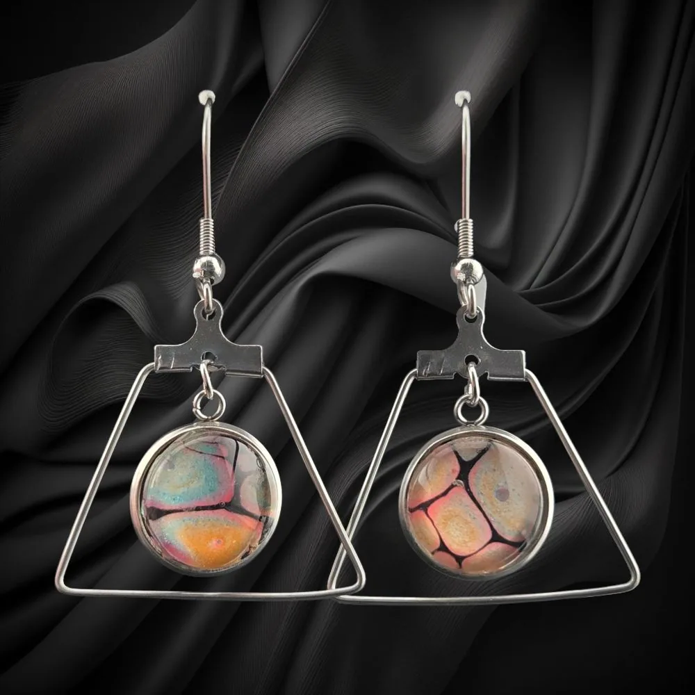 12mm Multicolor Triangle Drop Earrings handmade fluid art by Fuzzy Trio Design in Phoenix, AZ