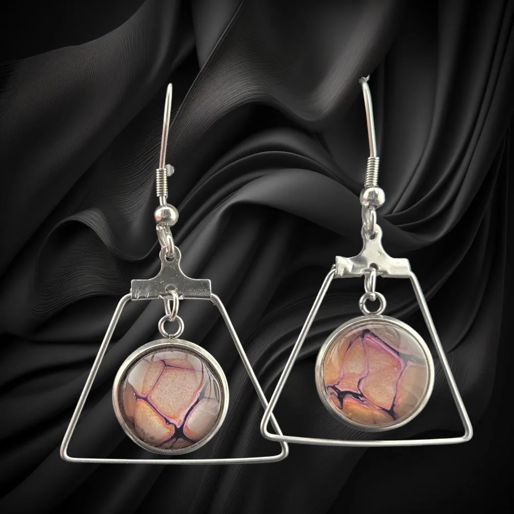 12mm Warm Tone Triangle Drop Earrings handmade fluid art by Fuzzy Trio Design in Phoenix, AZ