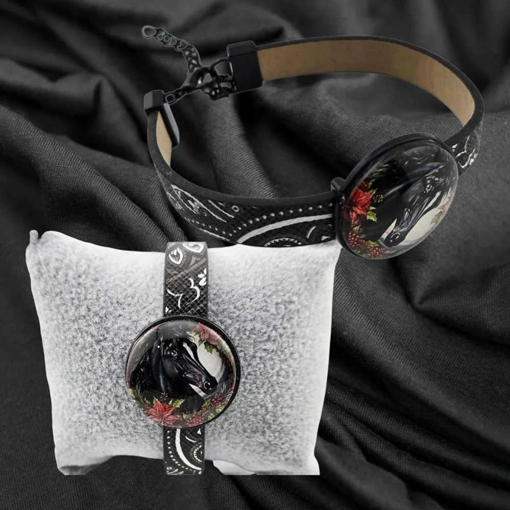 Adjustable Leather Bracelet Black Horse Red Flowers – Handmade handmade fluid art by Fuzzy Trio Design in Phoenix, AZ