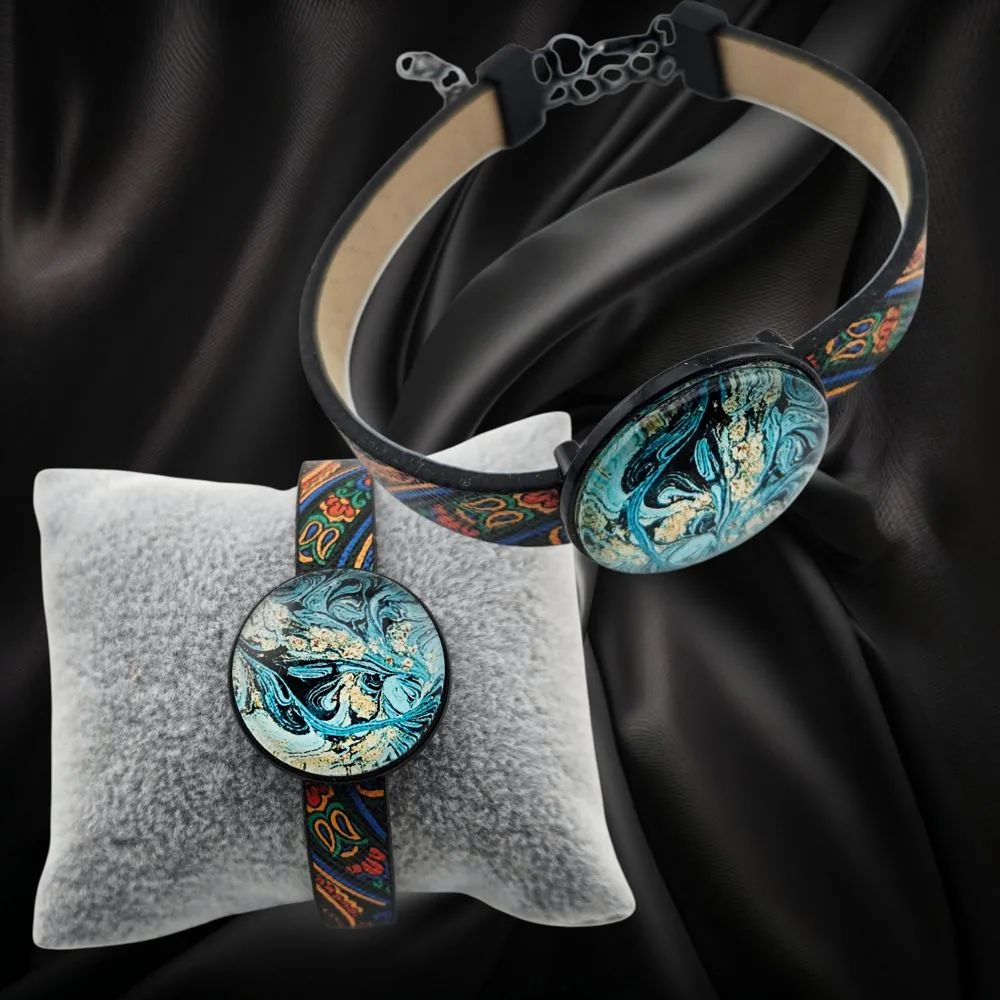 Adjustable Leather Bracelet Blue Copper – Handmade handmade fluid art by Fuzzy Trio Design in Phoenix, AZ