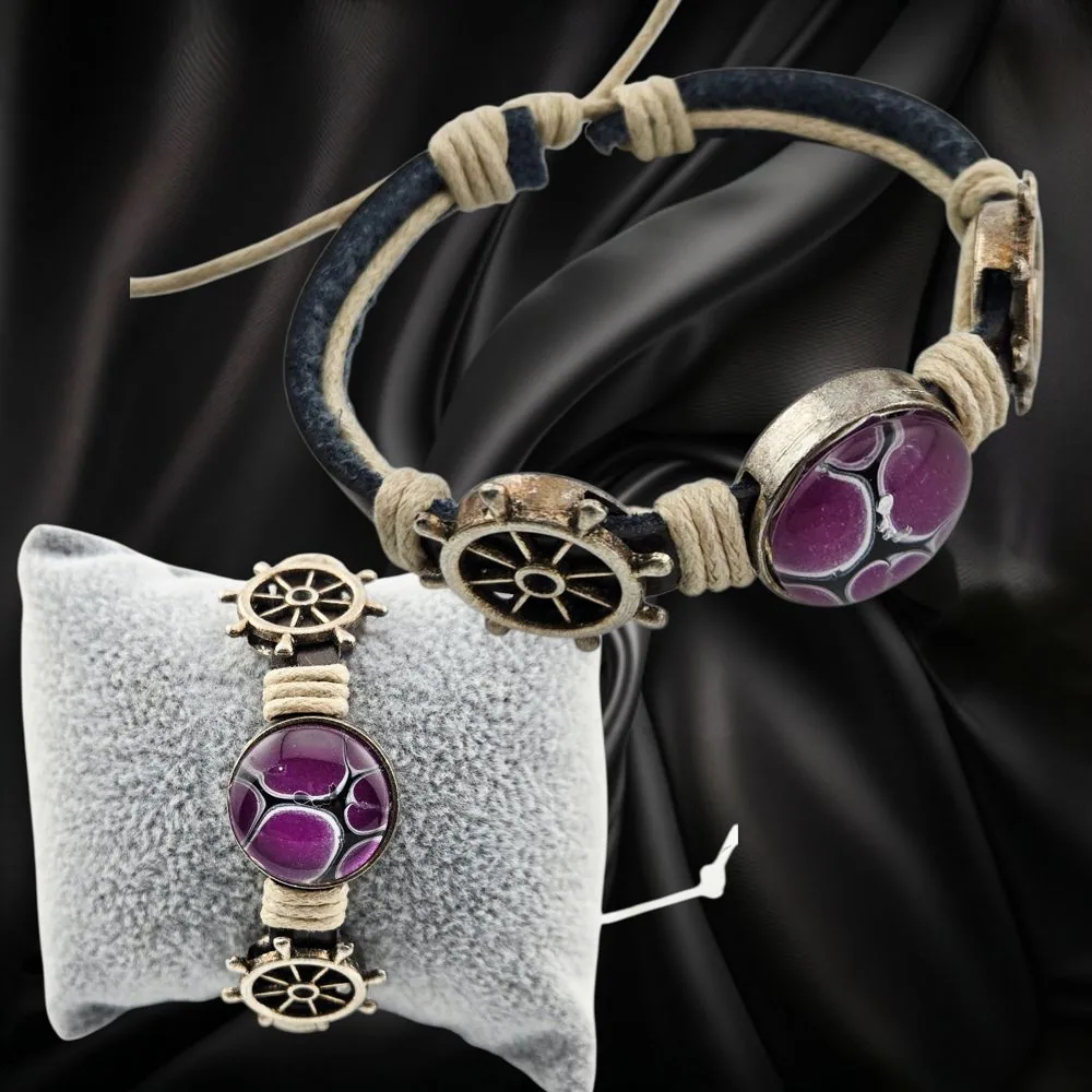 Adjustable Leather Bracelet Purple Black Design – Ship Wheel – Handmade handmade fluid art by Fuzzy Trio Design in Phoenix, AZ