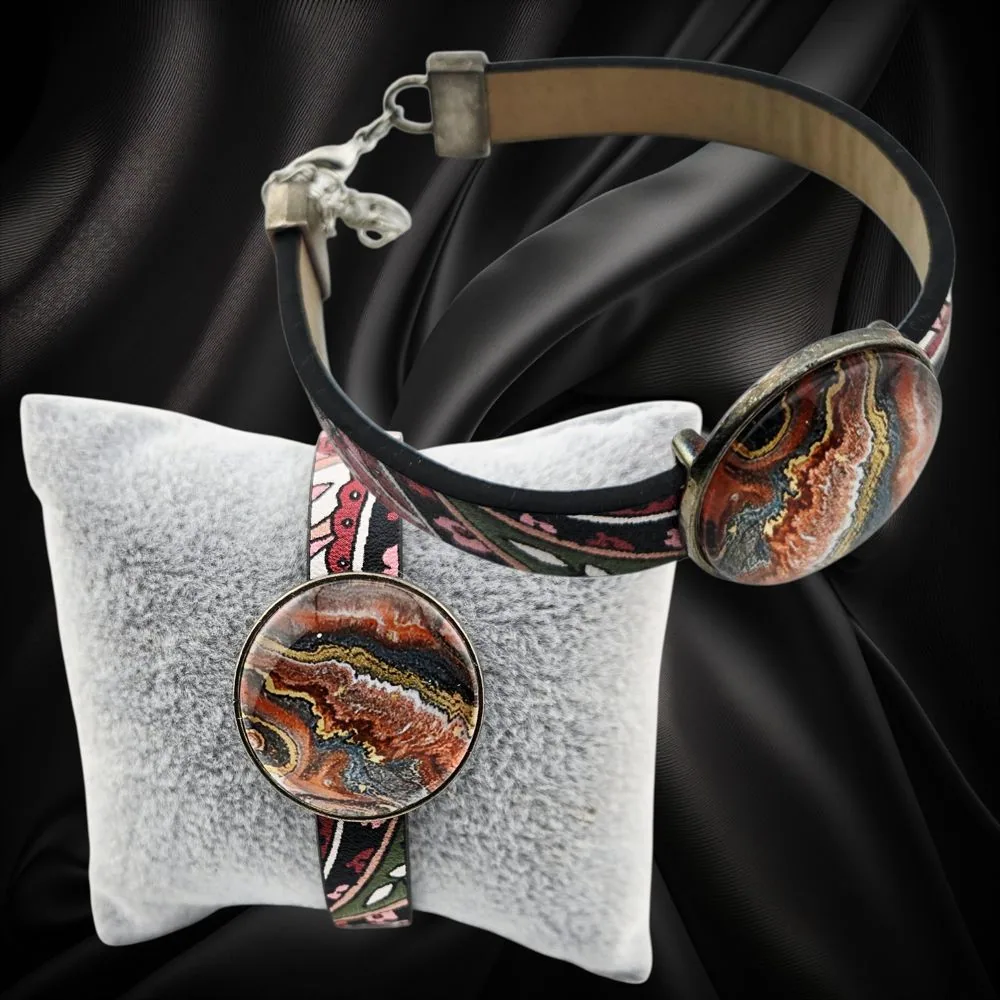 Adjustable Leather Bracelet Warm Colors – Handmade handmade fluid art by Fuzzy Trio Design in Phoenix, AZ