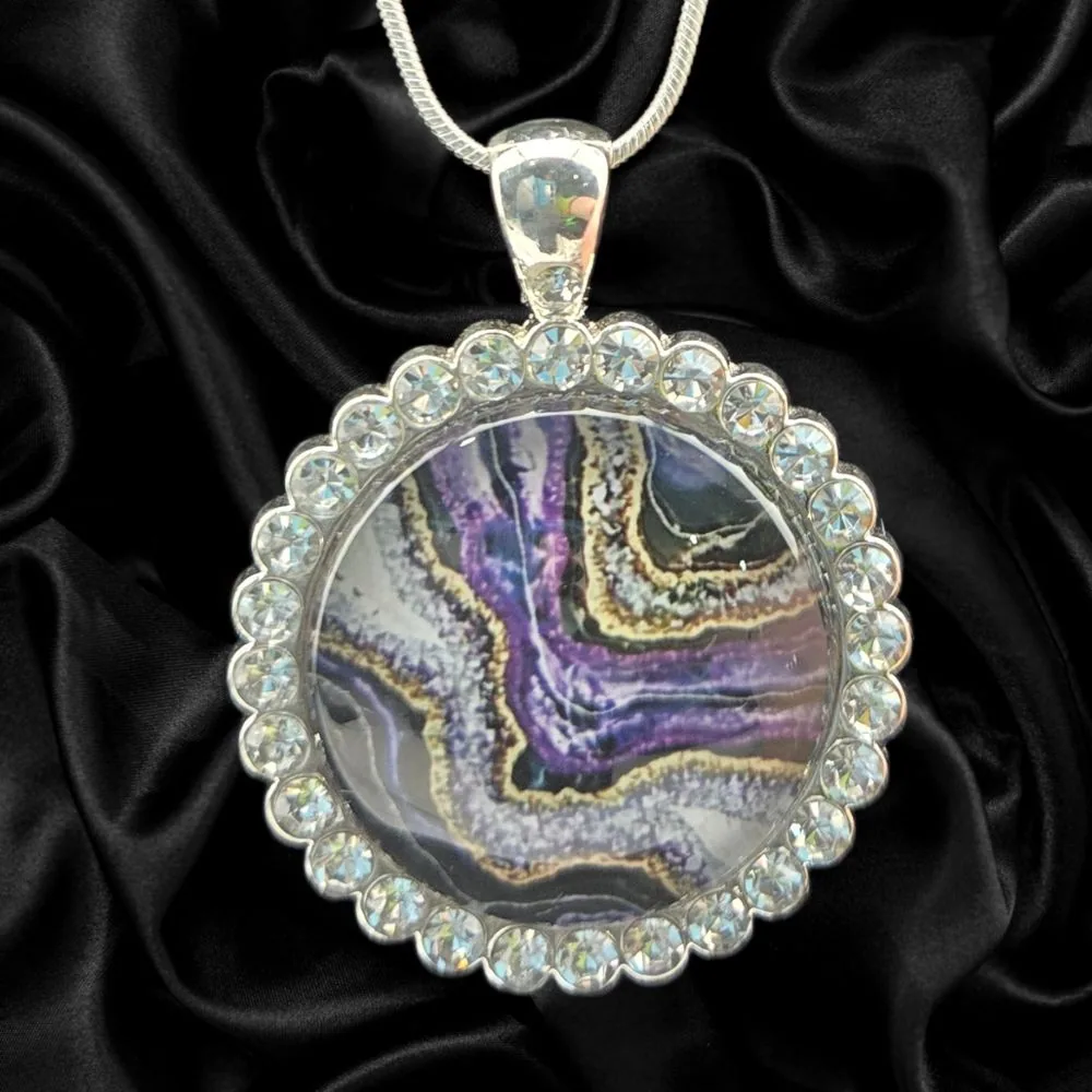 Amethyst Vein Rhinestone Necklace – Silver Toned handmade fluid art by Fuzzy Trio Design in Phoenix, AZ