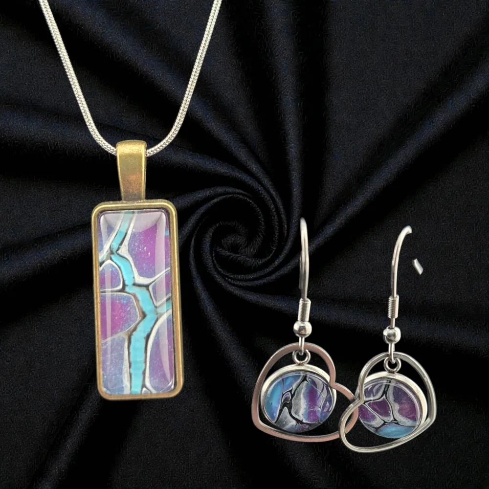Antique Bronze Rectangle Necklace & Earring Set – Purple handmade fluid art by Fuzzy Trio Design in Phoenix, AZ