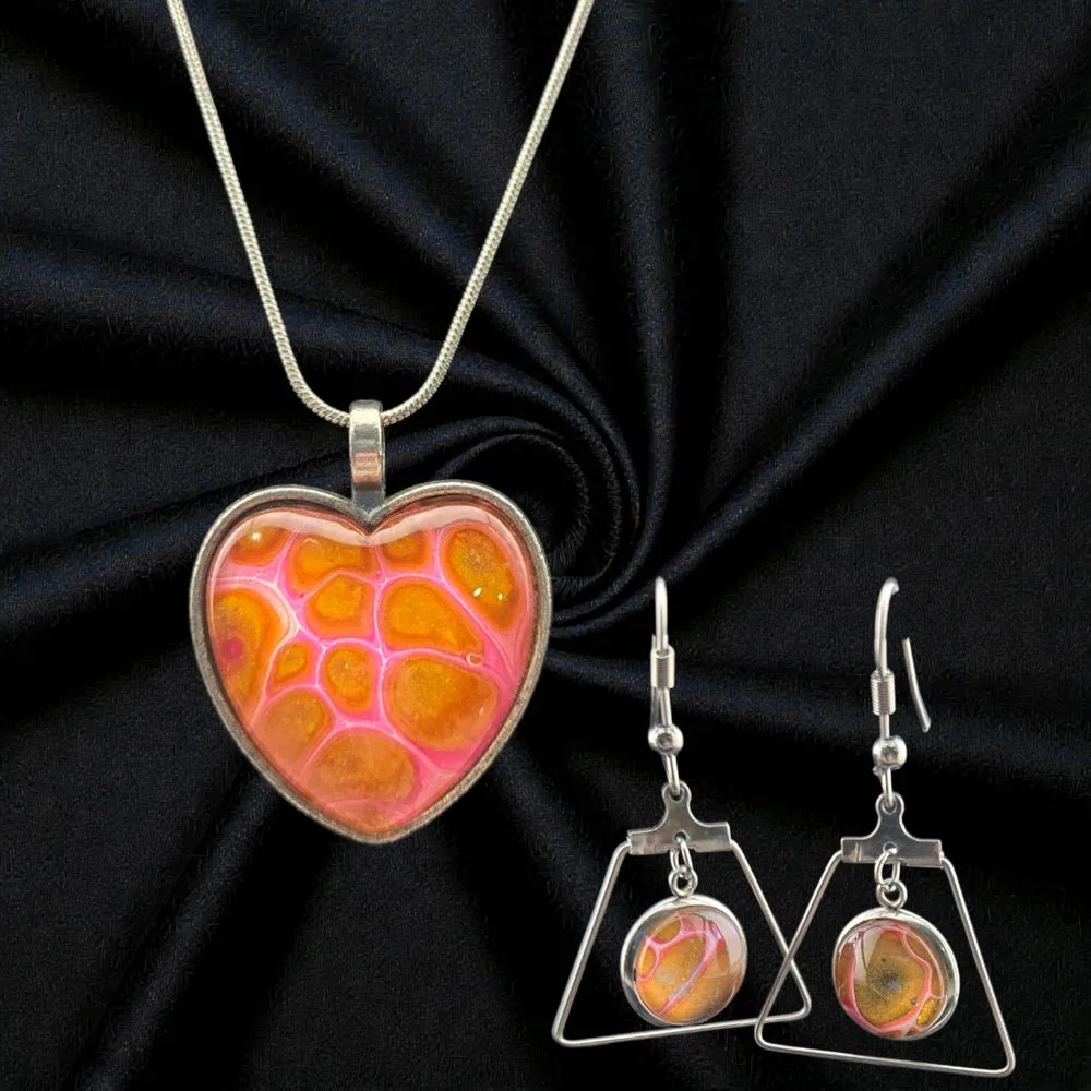 Antique Silver Heart Necklace & Earring Set – Pink & Gold handmade fluid art by Fuzzy Trio Design in Phoenix, AZ