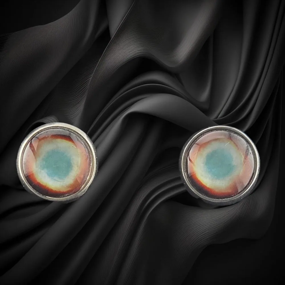 Aqua Eclipse Stud Earrings handmade fluid art by Fuzzy Trio Design in Phoenix, AZ