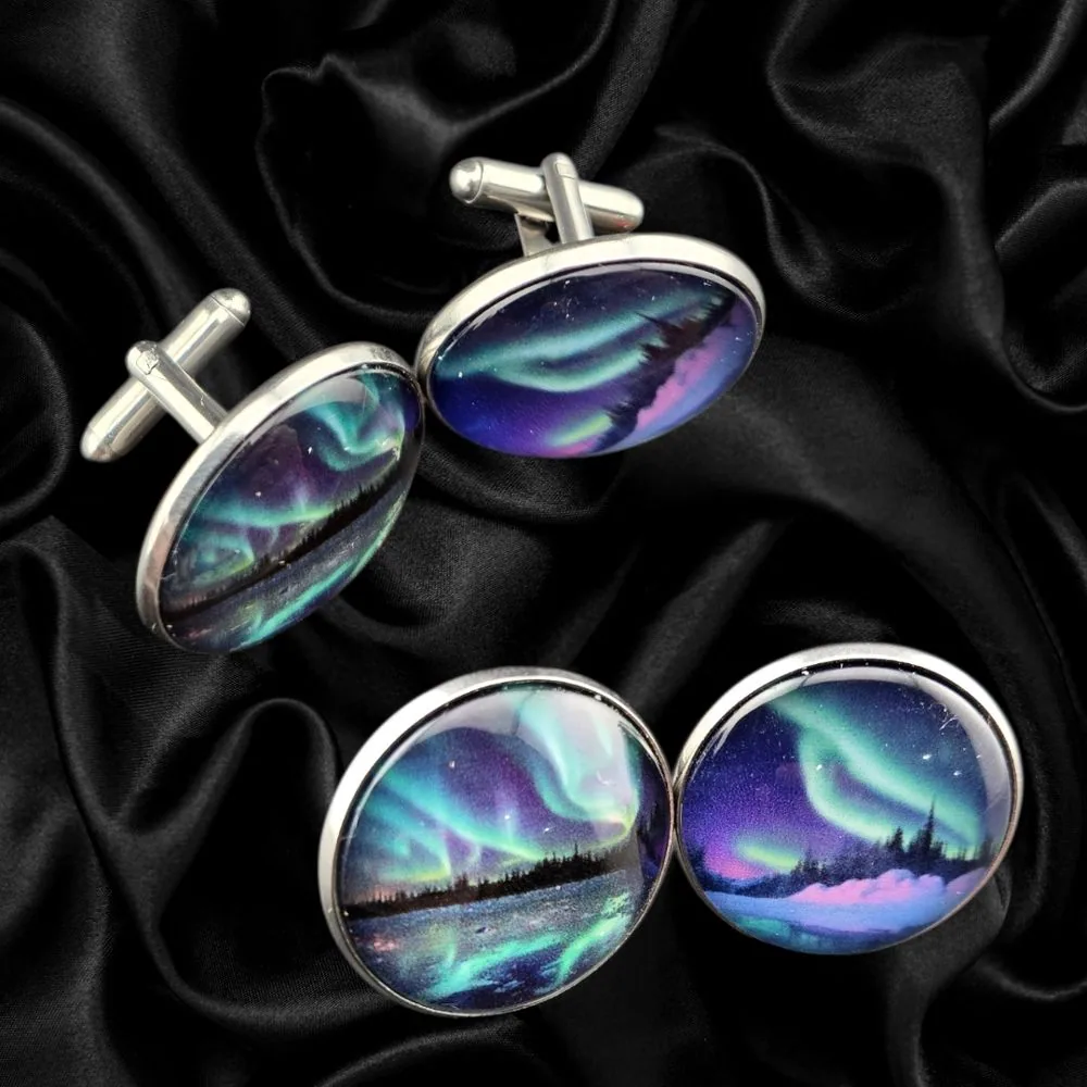 Aurora Borealis Cuff Links – Green & Blue handmade fluid art by Fuzzy Trio Design in Phoenix, AZ