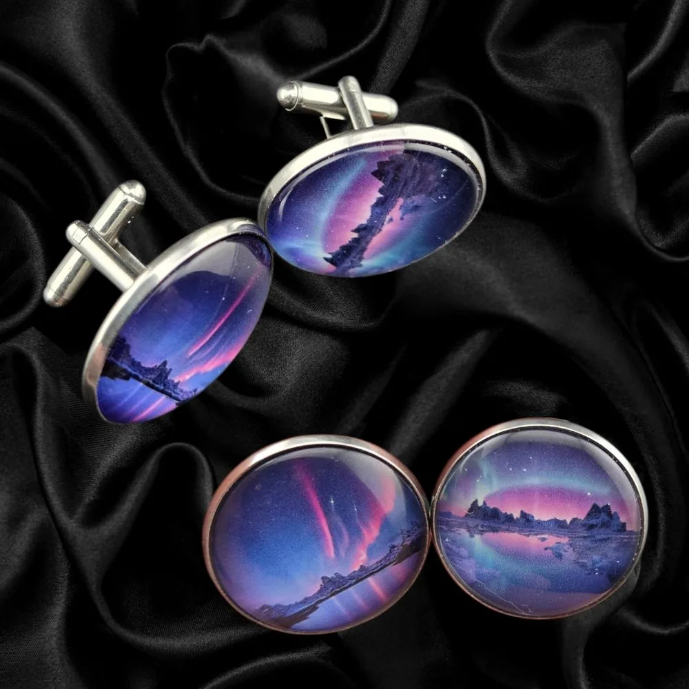 Aurora Borealis Cuff Links – Purple & Pink handmade fluid art by Fuzzy Trio Design in Phoenix, AZ