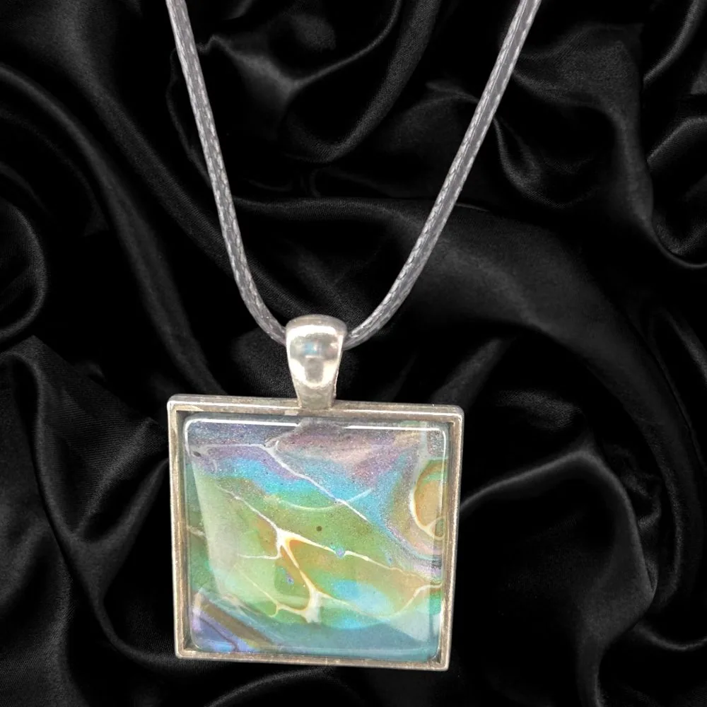 Aurora Flow Square Necklace – Silver Toned handmade fluid art by Fuzzy Trio Design in Phoenix, AZ