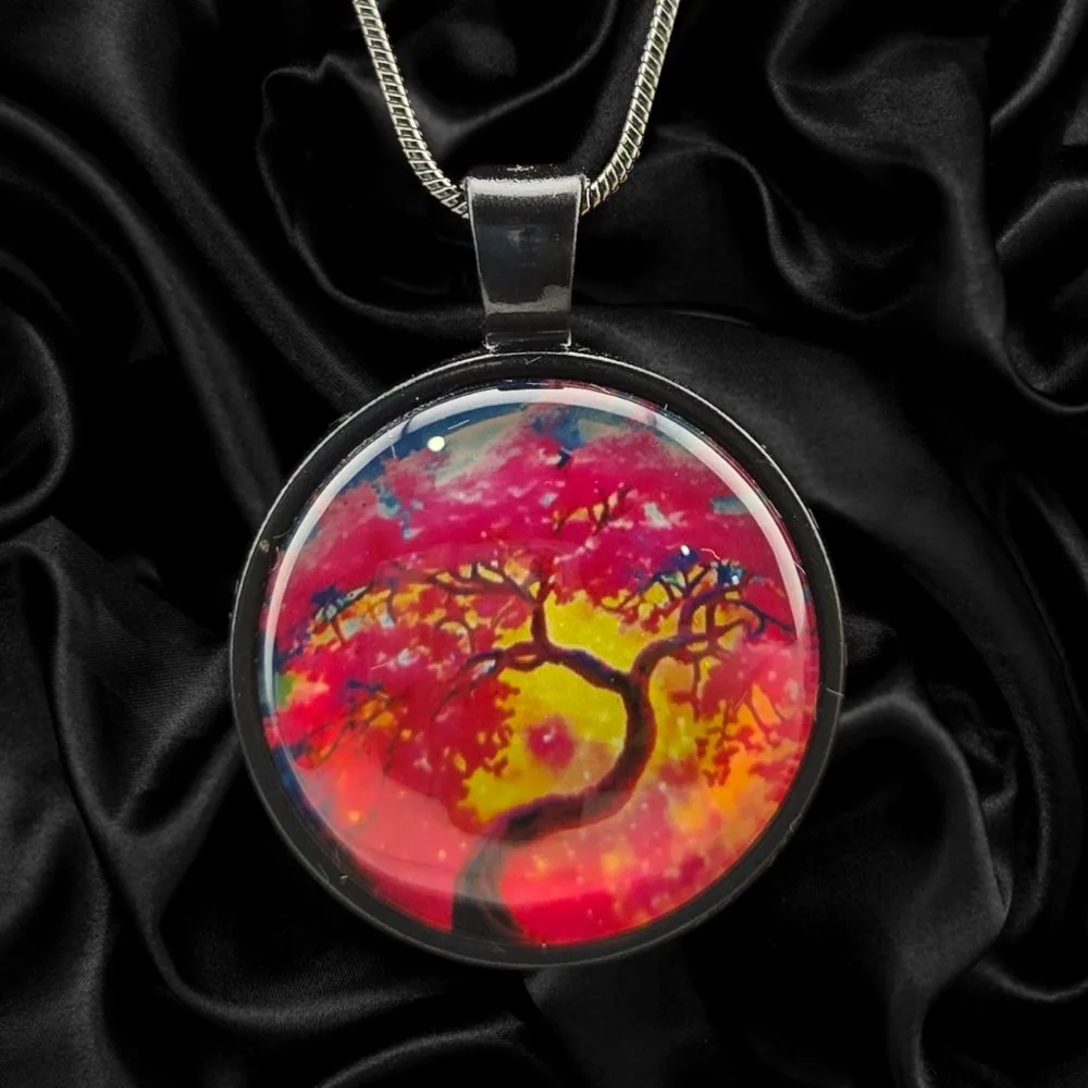 Autumn Tree Necklace – Black Toned handmade fluid art by Fuzzy Trio Design in Phoenix, AZ