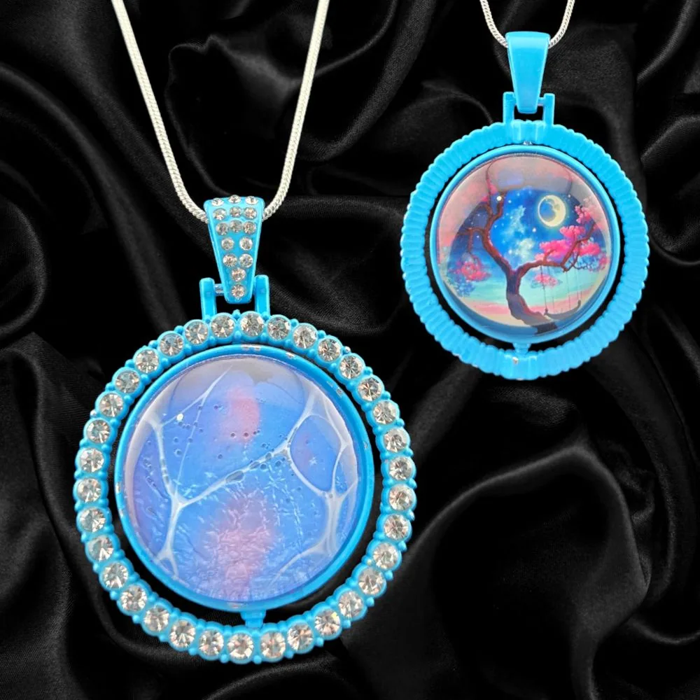 Blue Abstract Cellular Double-Sided Rotating Pendant Necklace handmade fluid art by Fuzzy Trio Design in Phoenix, AZ