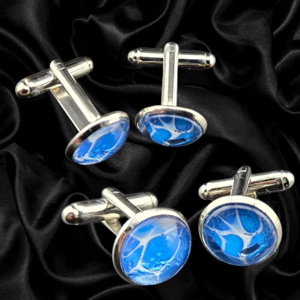 Blue Abstract Cuff Links handmade fluid art by Fuzzy Trio Design in Phoenix, AZ