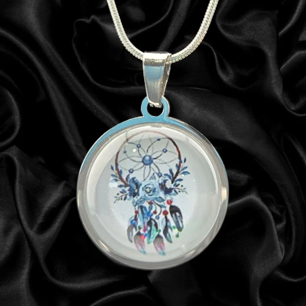 Blue Dreamcatcher Splash Necklace handmade fluid art by Fuzzy Trio Design in Phoenix, AZ